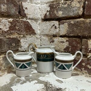 Vintage CHRISTIAN DIOR Creamer Set. 
3 Green and Gold Creamers perfect for milk